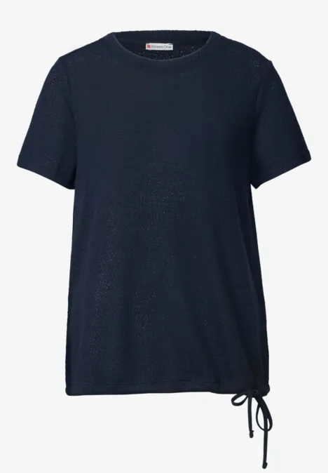 Basic T-Shirt im Strick-Look mit Rundhals darkest blue Dunkelblaues T-Shirt mit kurzen Ärmeln und seitlicher Kordel am Saum.