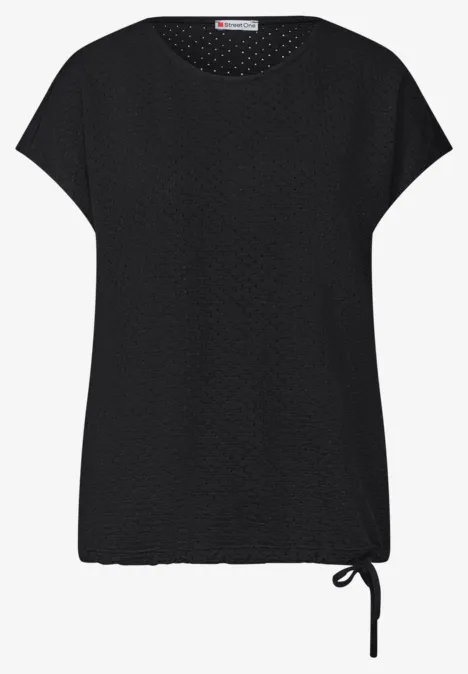 T-Shirt aus Spitze mit Rundhals Black Schwarzes Damen-T-Shirt mit kurzen Ärmeln, dezenter Struktur und seitlicher Kordel am Saum