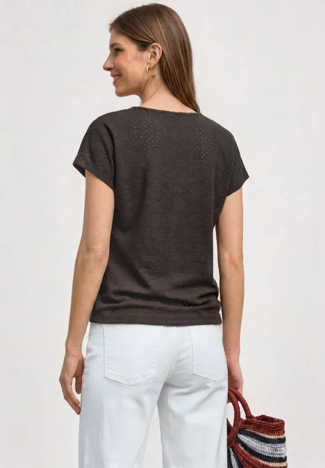 T-Shirt aus Spitze mit Rundhals black coffee Frau von hinten in dunkelbraunem T-Shirt, weißer Hose, hält bunten Strohkorb.
