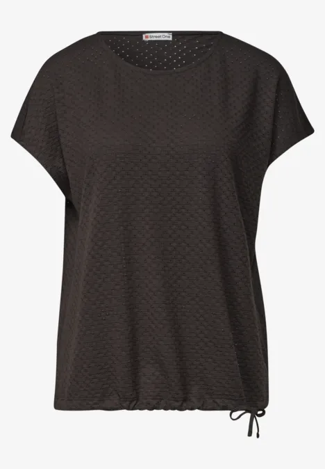 T-Shirt aus Spitze mit Rundhals black coffee Schwarze Shortslleeve-Bluse mit Rundhalsausschnitt, feinem Punktemuster und seitlicher Kordel am Saum.