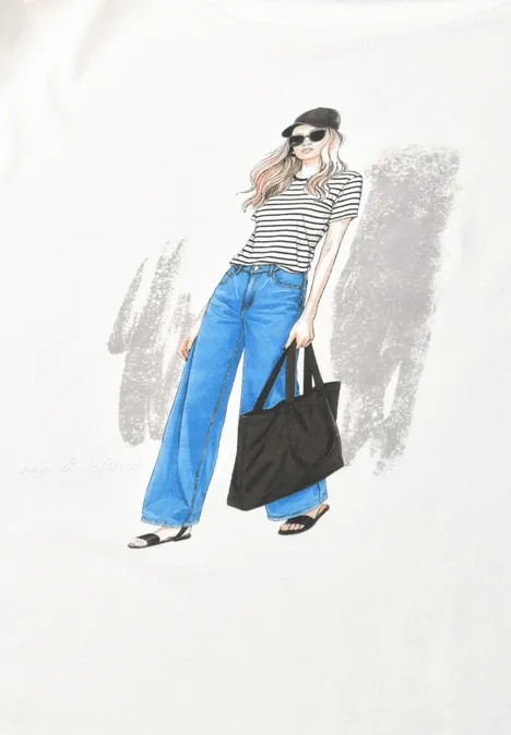 Illustration einer Frau mit Baskenmütze, Sonnenbrille, gestreiftem Oberteil, weiten blauen Hosen und schwarzer Tasche.