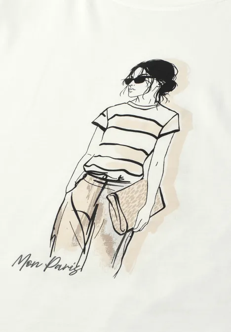 Minimalistische Linienzeichnung einer Frau mit Sonnenbrille, gestreiftem Shirt und lässigen Hosen.