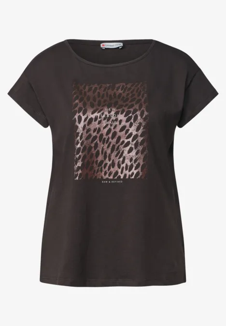 T-Shirt mit Rundhals und Foliendetails black coffee Schwarzes Damen-T-Shirt mit kurzen Ärmeln und quadratischem, glänzendem Leoparden-Print.