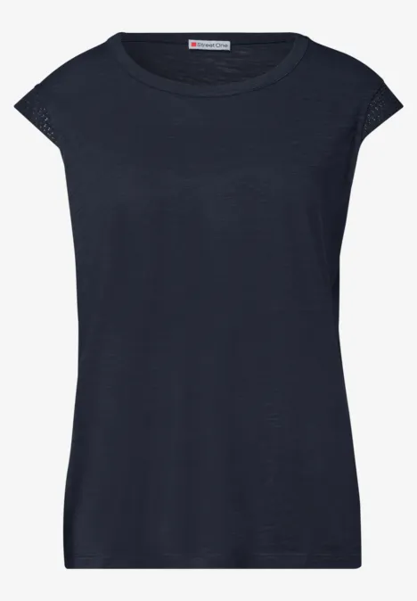 Dunkelblaues Damen-T-Shirt mit kurzen Cap-Ärmeln, rundem Halsausschnitt und cleanem Minimal-Design.