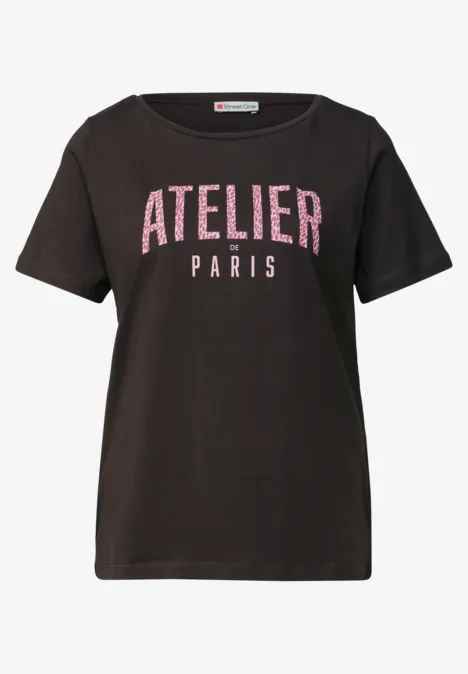 Schwarzes T-Shirt mit pinken Pailletten-Aufdruck 'ATELIER PARIS'