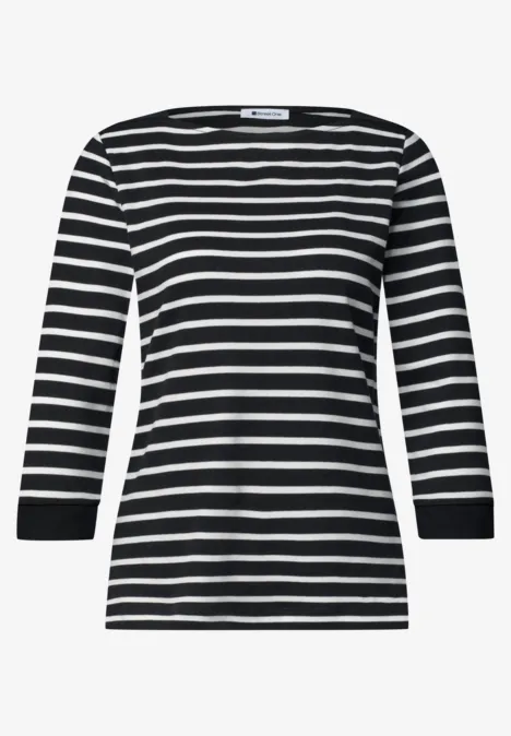 Shirt met 3/4-mouwen en een boothals Black Schwarz-weiß gestreiftes Damen-Shirt mit 3/4-Ärmeln und Rundhalsausschnitt.