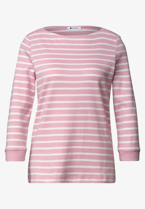Rosa-weißes Shirt mit 3/4-Ärmeln und horizontalen Streifen