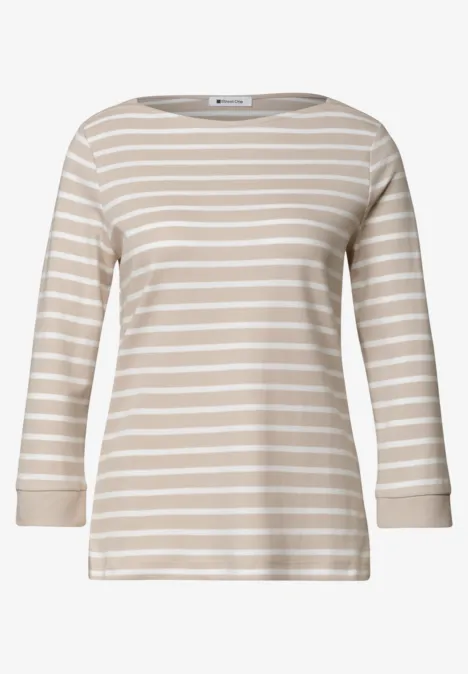 Beige-weiß gestreiftes Langarmshirt mit rundem Ausschnitt und 3/4-Ärmeln