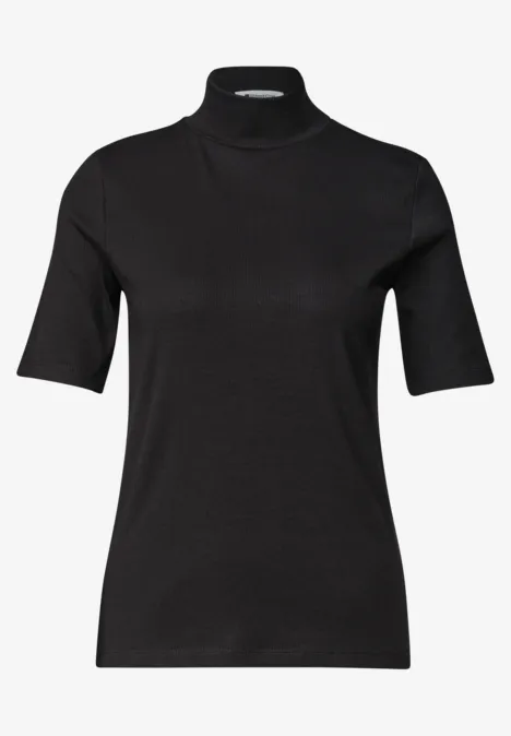 Schwarzes, tailliertes Damen-Top mit halblangen Ärmeln und Stehkragen.