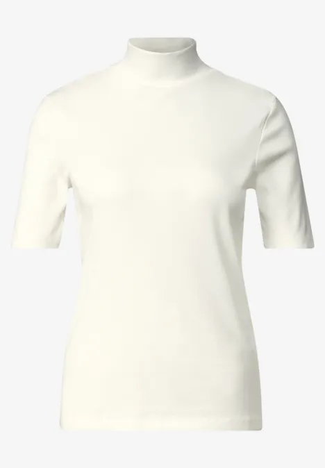Shirt met col in ribbelpatroon off white Wit T-shirt met korte mouwen en opstaande kraag