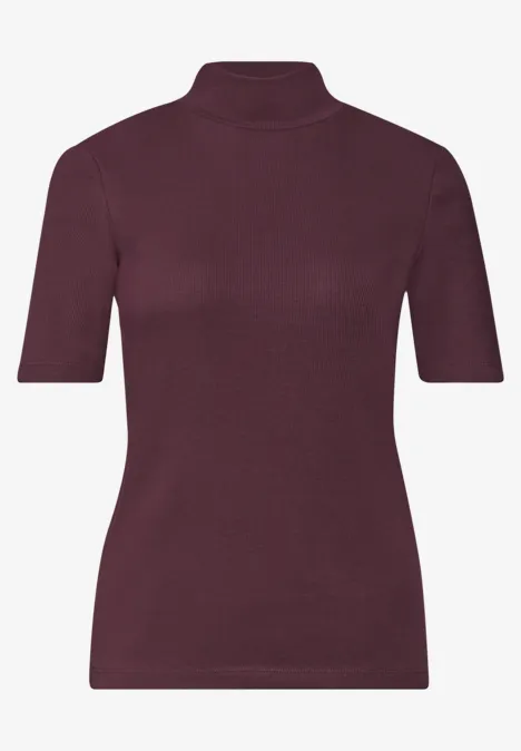Shirt met col in geribbelde structuur rustic rouge Ein schlichtes weinrotes Kurzarmoberteil mit Stehkragen.