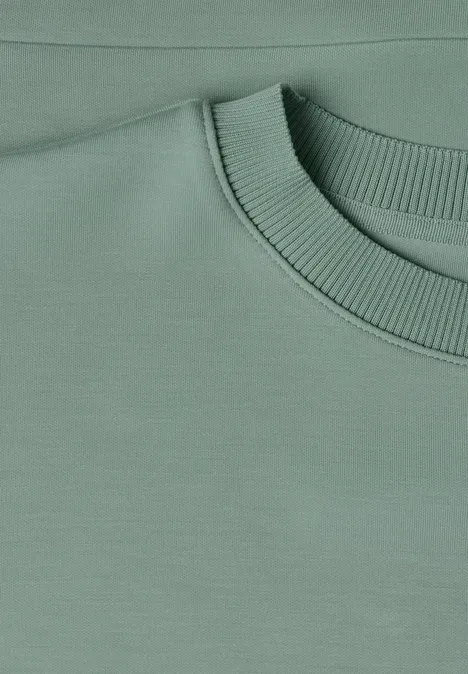 Nahaufnahme eines pastellgrünen Sweatshirts mit geripptem Rundhalsausschnitt.