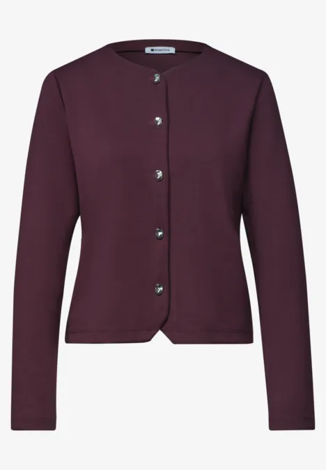 Strick-Look Jacke mit dekorativen Knöpfen rustic rouge Lässige, lange Strickjacke in dunklem Lila mit Knopfleiste und Rundhalsausschnitt.