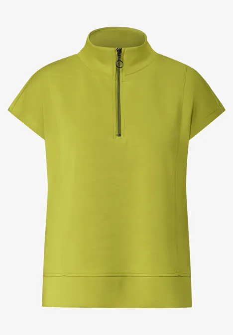 Mouwloos shirt met Silk-Look en ritssluiting apple lime Lichtgroen damesshirt met opstaande kraag, korte mouwen en halve rits.