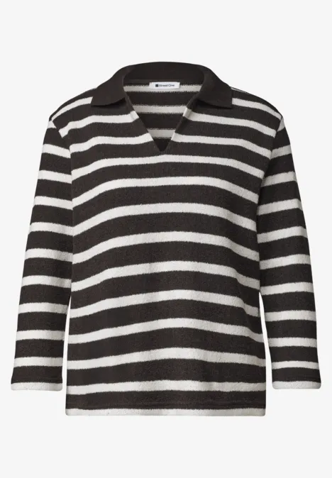 Polo met 3/4-mouwen en streepjespatroon black coffee Zwart-wit gestreepte trui met kraag, V-hals en driekwartmouwen