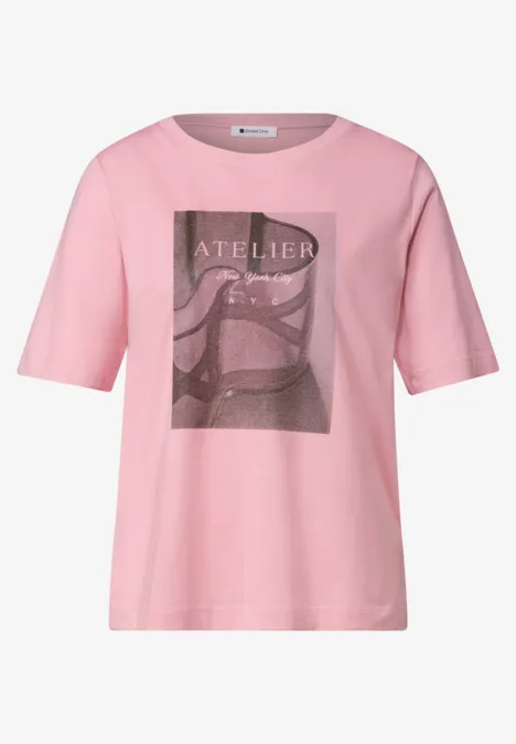 Shirt met ronde hals en fotoprint vintage blush Rosafarbenes T-Shirt mit kurzen Ärmeln, schwarzem ATELIER-Print und abstraktem Liniengrafik-Design.