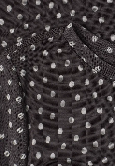 Shirt met 3/4-mouwen van mesh met print black coffee Zwart bovenstuk met witte polkadots en een ronde halslijn.