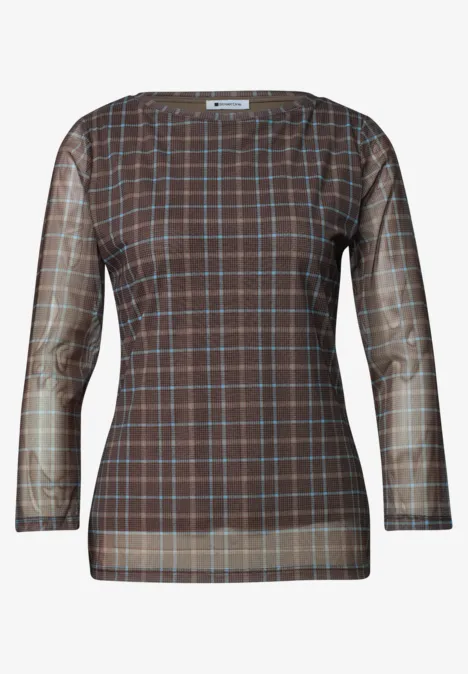 Shirt met 3/4-mouwen van mesh met print silk brown Bruin geruit shirt met lange mouwen en ronde halsopening, fijn ruitpatroon.