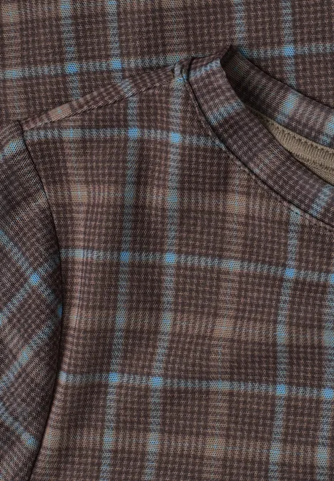 Shirt met 3/4-mouwen van mesh met print silk brown Bruin geruit kledingstuk met blauw-grijze ruiten en ronde hals