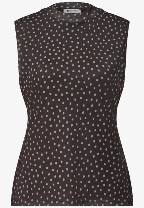 Turtleneck-top van mesh met print black coffee Mouwloos donkerbruin topje met witte stippen