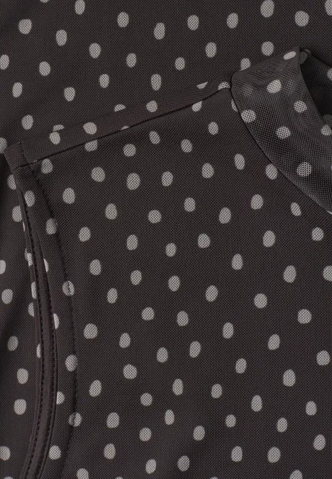 Turtleneck-top van mesh met print black coffee Zwarte stof met lichtgrijze stippen, zichtbare naad en tunnelkoord van een kledingstuk.