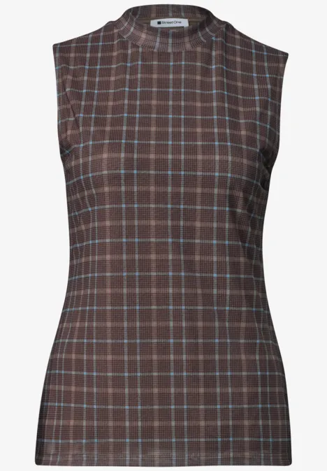 Turtleneck-top van mesh met print silk brown Mouwloze, getailleerde top in bruin met lichtblauw-witte ruitprint, strak en eigentijds.