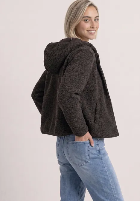 Dunkelbraune, flauschige Kapuzenjacke aus Teddyfleece, lässiger Schnitt, langärmelig
