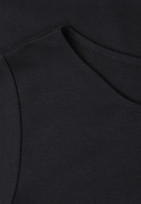 Schwarzes Kleidungsstück: Nahaufnahme der Stofftextur, sichtbare Tasche und feine Nähte.