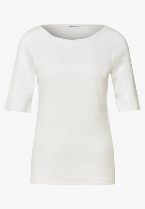 T-shirt femme blanc uni, manches mi-longues et col rond.