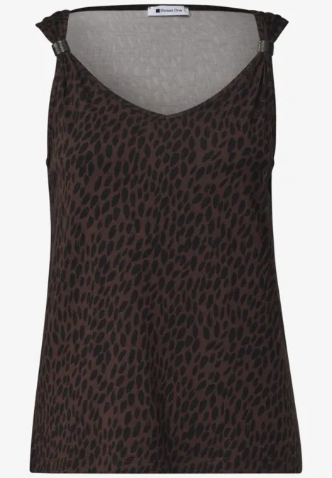 Top met V-hals en decoratief detail molten earth Braunes ärmelloses Top mit V-Ausschnitt und dunkelbraunem Animal-Print.