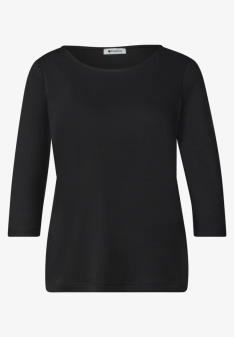 Shirt met 3/4-mouwen en een boothals Black Schwarzes, unifarbenes Shirt mit 3/4-Ärmeln und Rundhalsausschnitt