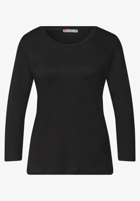 Schlichtes schwarzes Damen-Shirt mit 3/4-Ärmeln und Rundhalsausschnitt.