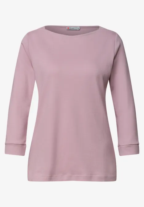 Rosa Langarmshirt mit 3/4-Ärmeln und Rundhalsausschnitt, schlichtes, elegantes Design.