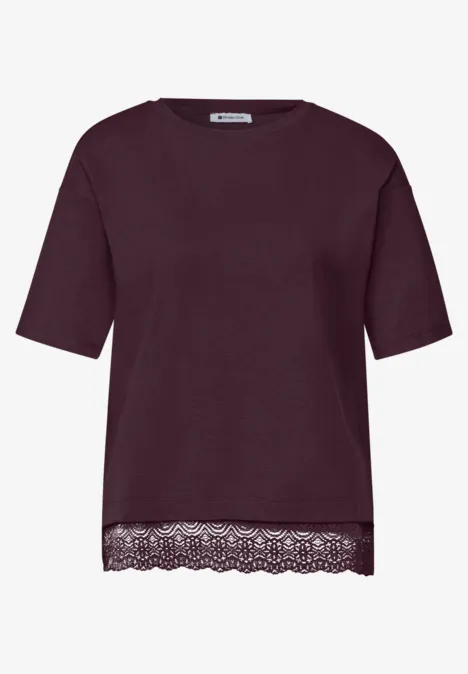 Bordeauxfarbenes T-Shirt mit kurzen Ärmeln und feiner Spitze am Saum