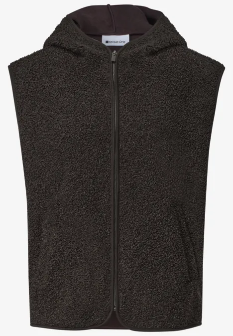 Teddy-Weste mit Kapuze und Zipper black coffee Ärmellose Kapuzenweste aus Teddy-Fleece in Dunkelgrün mit Reißverschluss und Taschen.