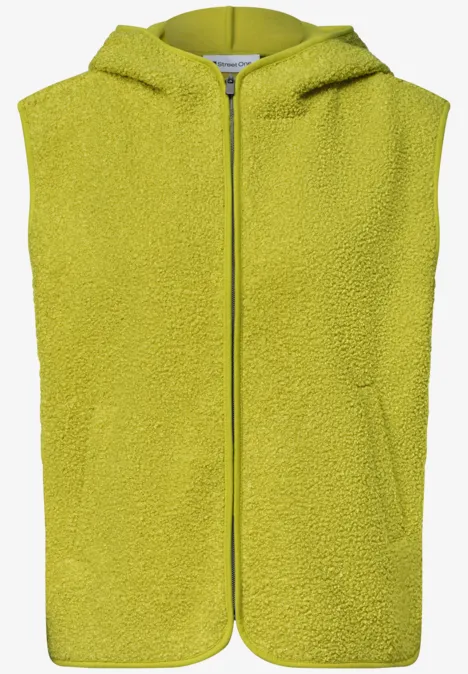 Groene mouwloze teddy-fleece gilet met capuchon, rits en zakken.