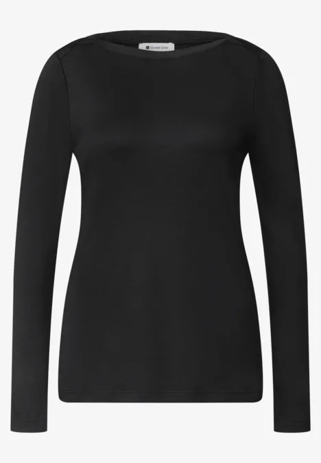 Schlichtes schwarzes Langarmshirt mit Rundhalsausschnitt.