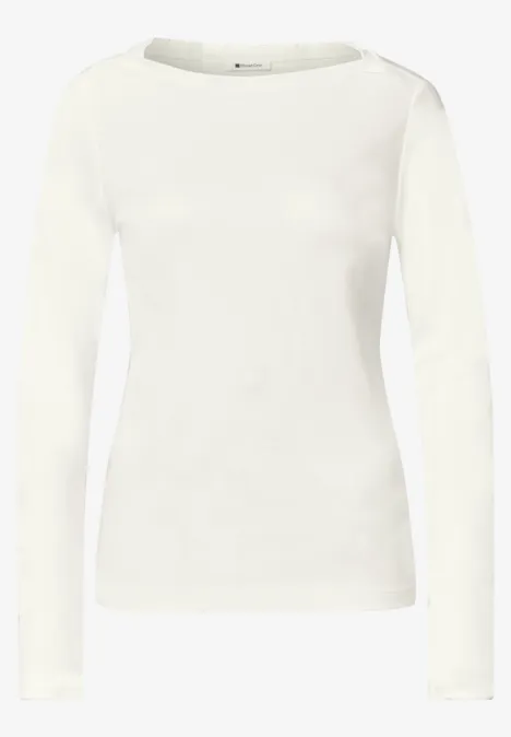 Bluzka Basic z dekoltem w łódkę off white Prosty biały damski longsleeve z okrągłym dekoltem.