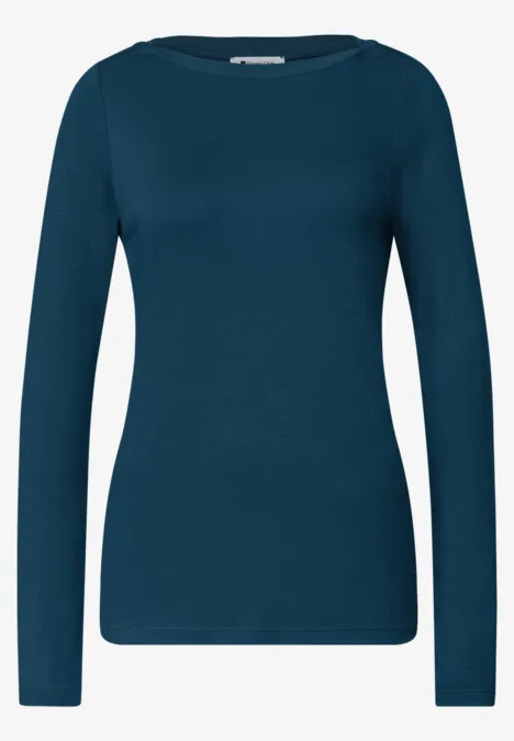 Damen-Langarmshirt in petrolblau, körpernah geschnitten
