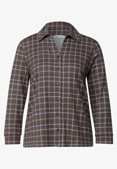 Shirt met 3/4-mouwen van jersey in blouse-stijl silk brown Bruin geruit overhemd met lichtblauwe ruiten en lange mouwen.