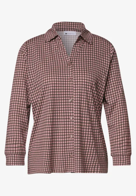 Shirt met 3/4-mouwen van jersey in blouse-stijl warm blush Locker geschnittene langärmelige Bluse mit Hemdkragen und Karo-Muster in Braun und Weiß.