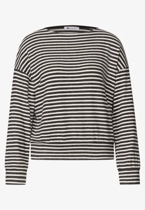 T-shirt à manches longues avec ourlet élastiqué black coffee mel. Schwarzes-weiß gestreiftes Langarm-Shirt mit Rundhalsausschnitt und lockerem Schnitt.
