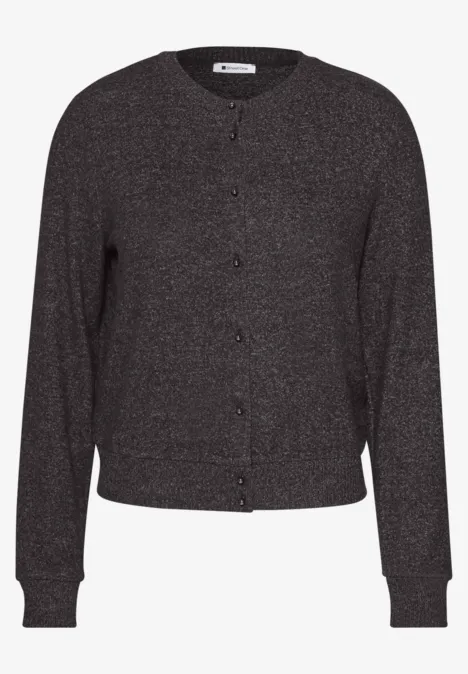 Gilet femme gris foncé à boutons, col V et bord-côtes aux poignets.