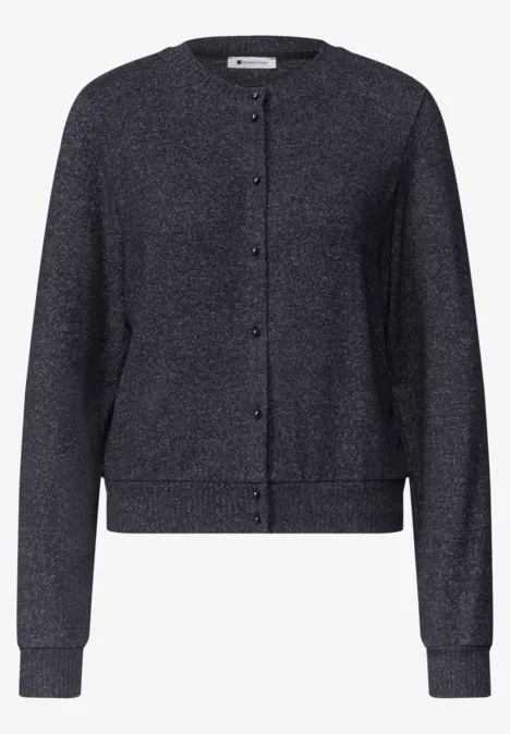 Dunkelblauer Strick-Cardigan mit Rundhalsausschnitt, langen Ärmeln und Knopfleiste, leicht glänzend.