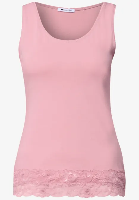 Top sans manches rose pour femme avec bordure en dentelle délicate