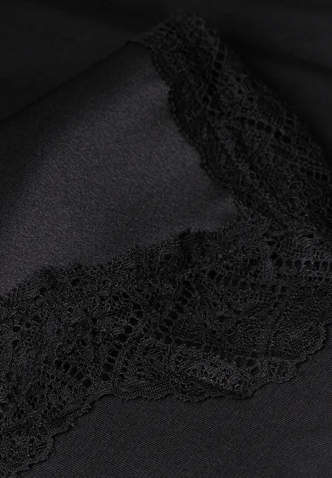 Top met ronde hals en decoratieve kant Black Zwarte stof met fijne kanten rand