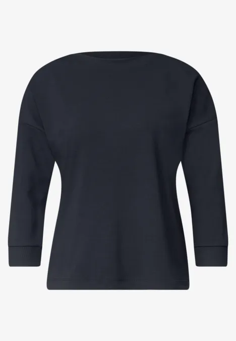 3/4-Arm Shirt mit Rippstrukturdetails indigo night Schwarzes, schlichtes Oberteil mit rundem Ausschnitt und 3/4-Ärmeln.