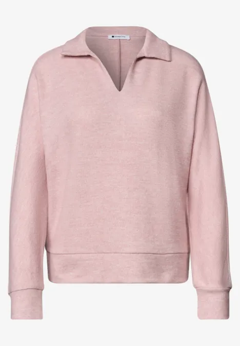 Koszulka Polo z długim rękawem w stylu melanżowym vintage blush mel. Różowy sweter z dekoltem w serek i kołnierzykiem, długie rękawy, luźny krój