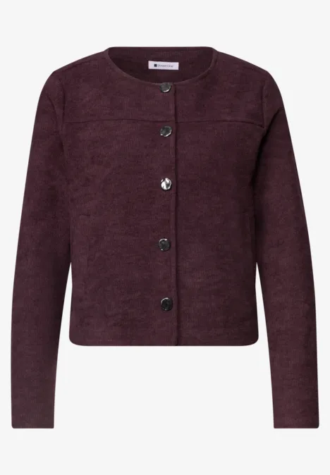 Langarm Jacke mit Rundhals und Knöpfen rustic rouge Bordeauxrote Damenjacke, weich, mit Rundhalsausschnitt, langen Ärmeln und Knopfleiste vorne.