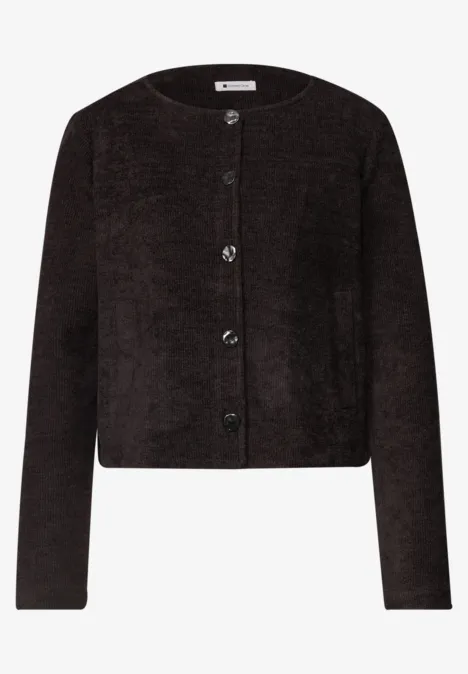 Veste à manches longues, col rond et boutons black coffee Dunkler Flausch-Cardigan mit langen Ärmeln und Knopfleiste.